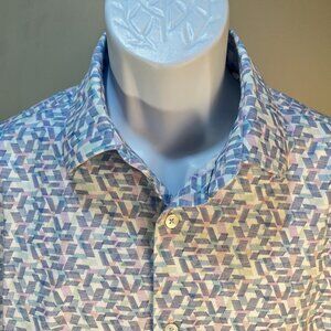 BUGATCHI Men's white, blue & lavender 8-Way Stretch long sleeve shirt Large L